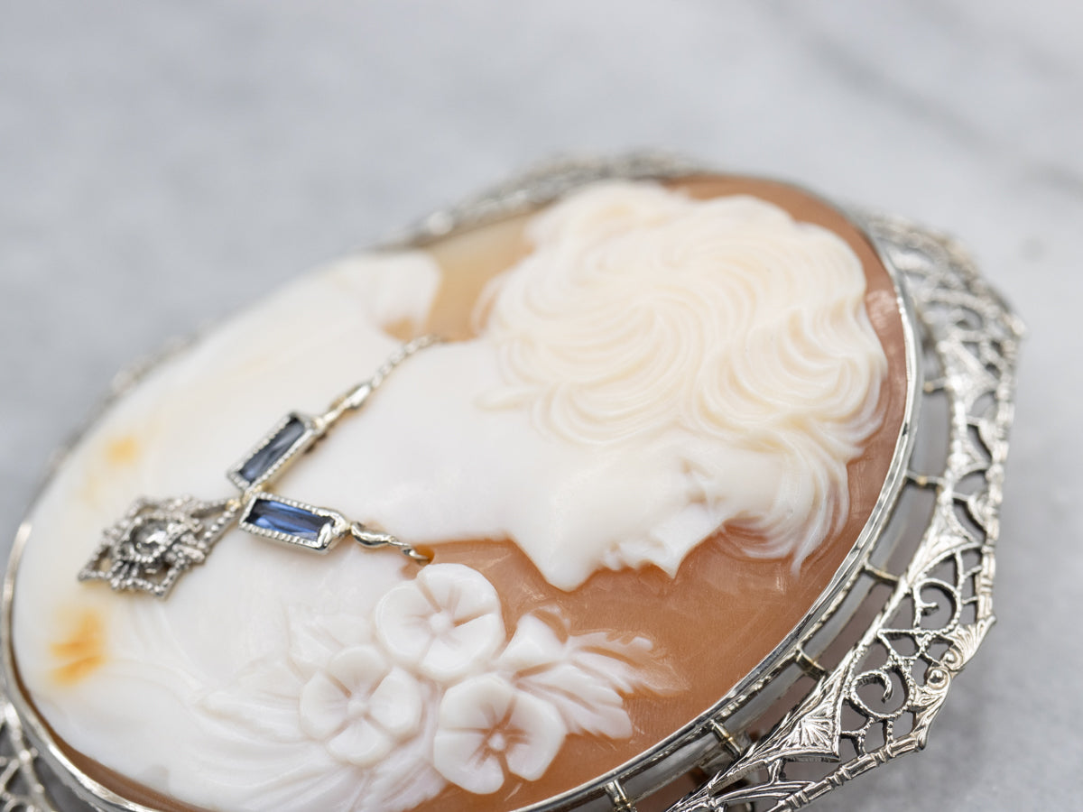 Art Deco Era Cameo Brooch or Pendant with Sapphire and Diamond Accents
