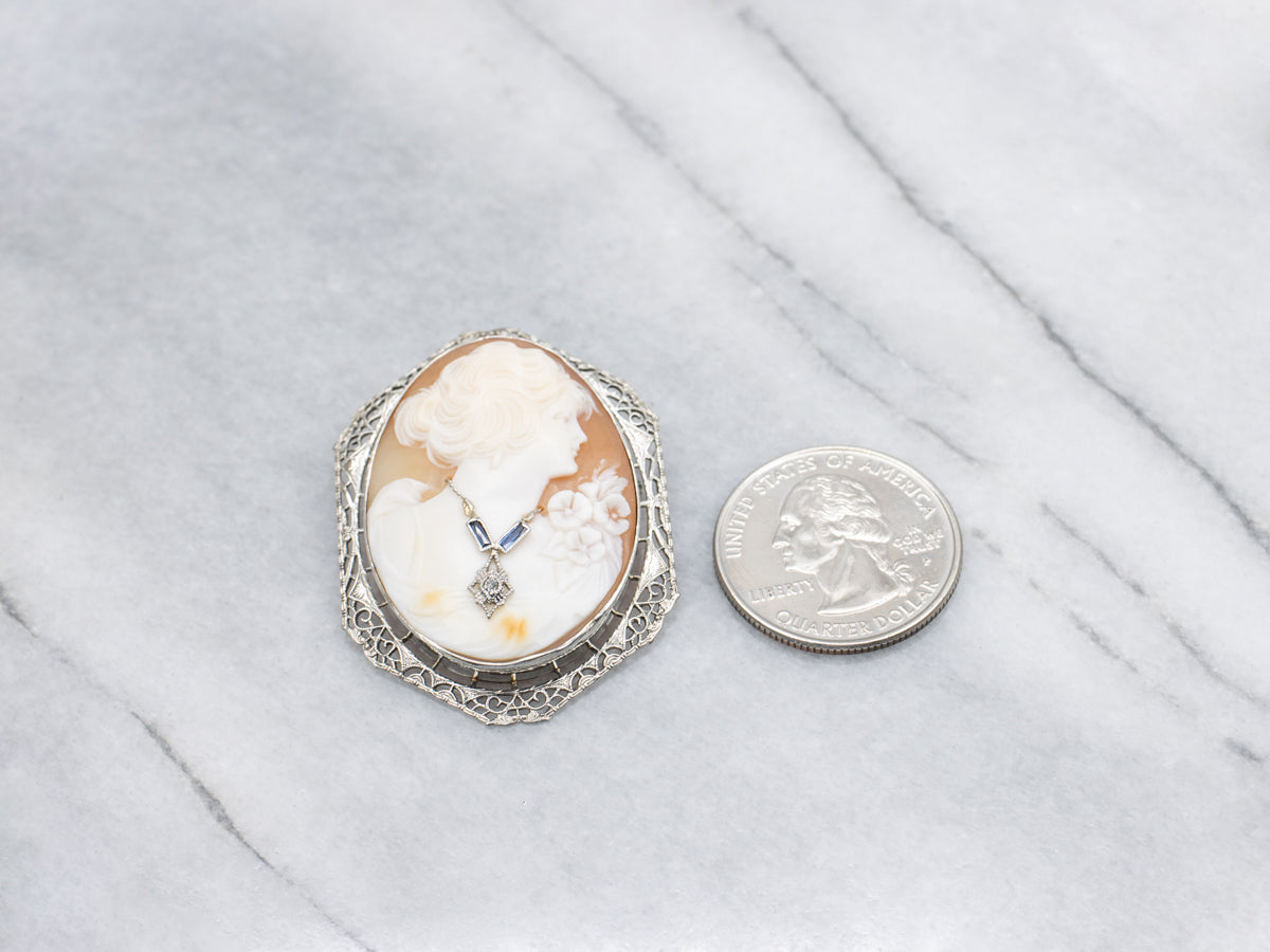 Art Deco Era Cameo Brooch or Pendant with Sapphire and Diamond Accents