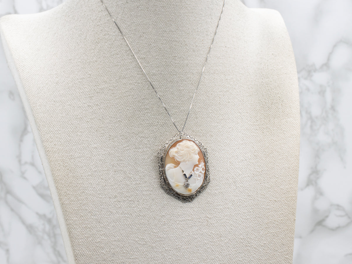 Art Deco Era Cameo Brooch or Pendant with Sapphire and Diamond Accents