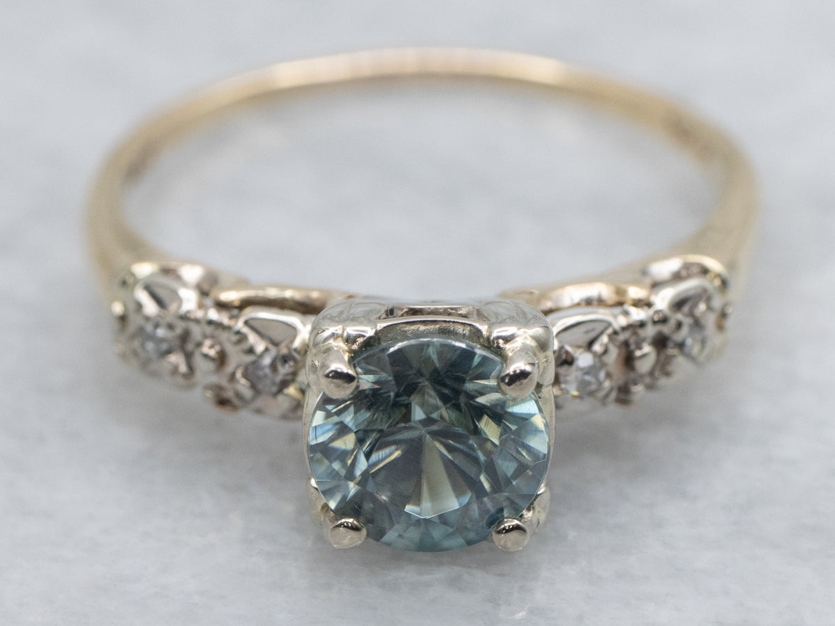 Retro Era Blue Zircon and Diamond Two-Tone Gold Ring