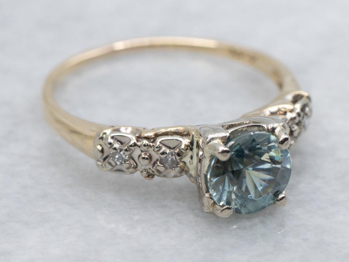 Retro Era Blue Zircon and Diamond Two-Tone Gold Ring
