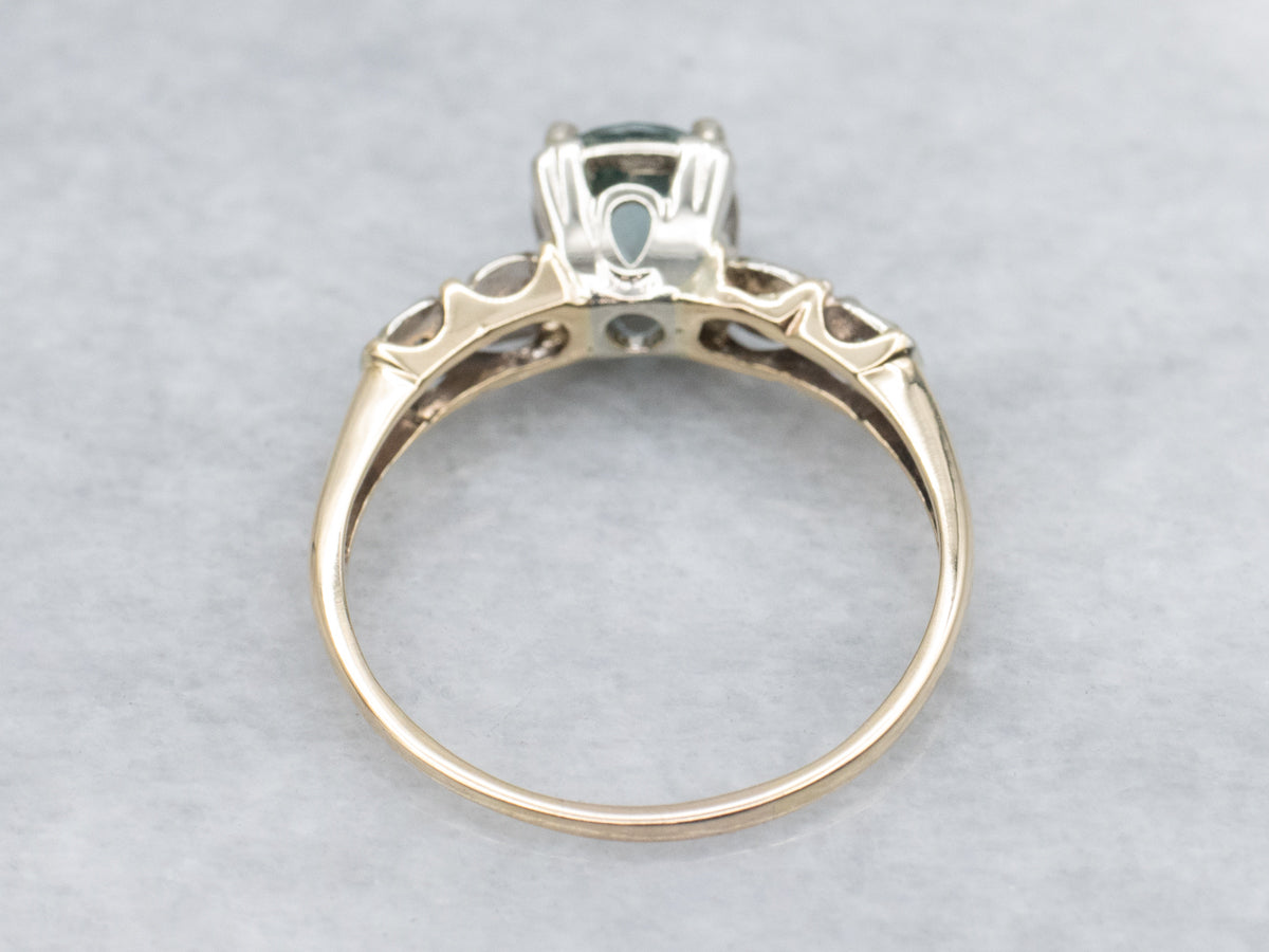 Retro Era Blue Zircon and Diamond Two-Tone Gold Ring