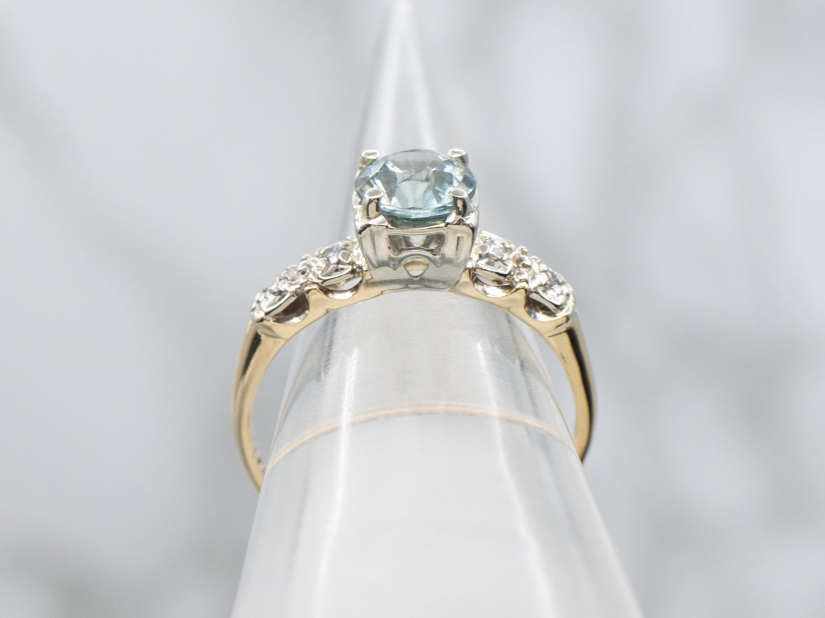 Retro Era Blue Zircon and Diamond Two-Tone Gold Ring