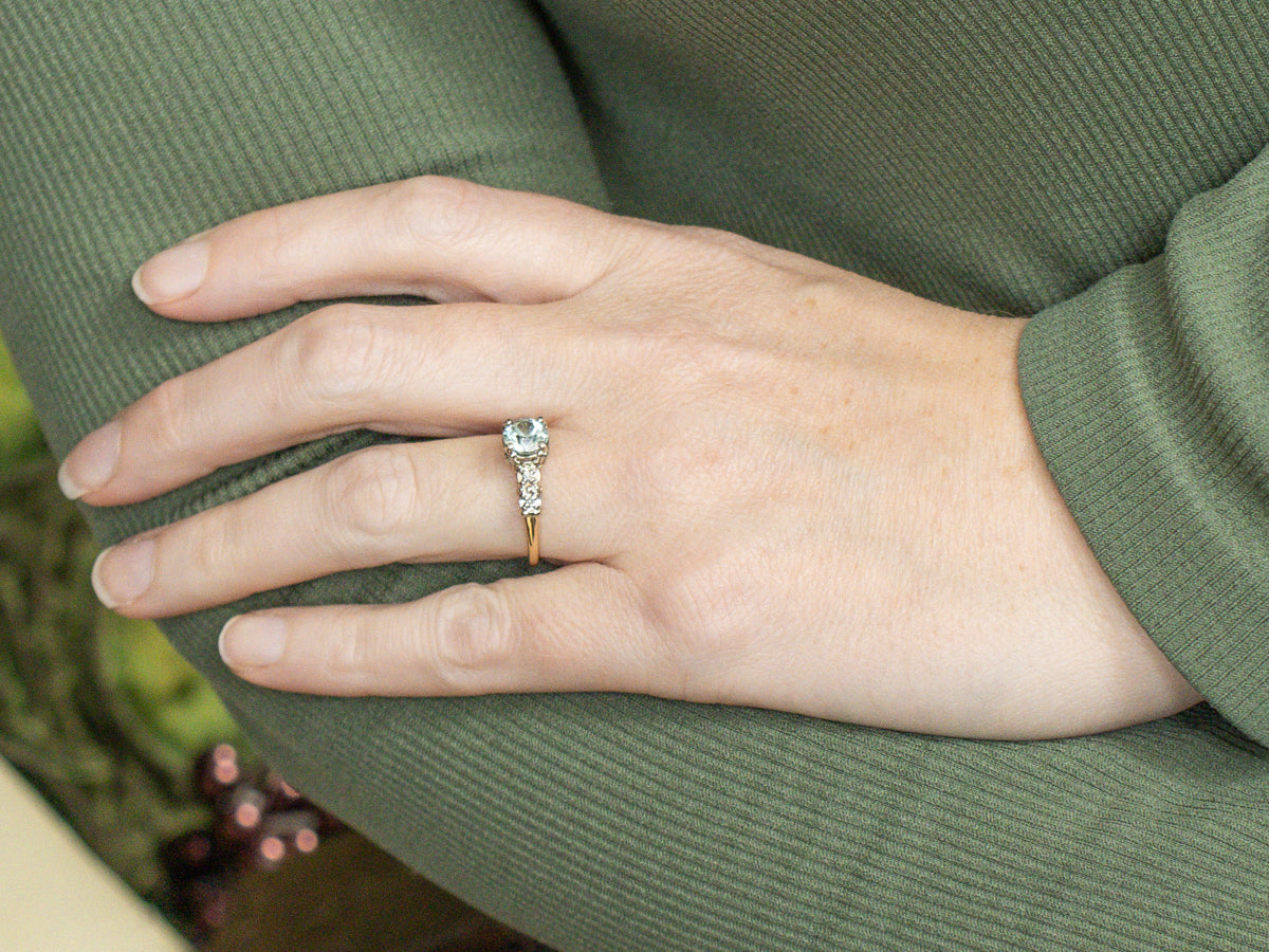 Retro Era Blue Zircon and Diamond Two-Tone Gold Ring