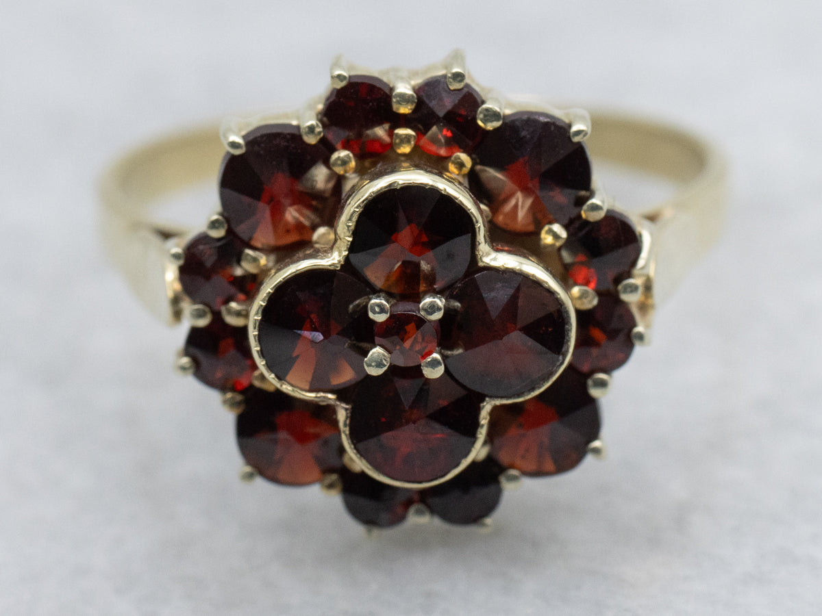Vintage 14K Yellow Gold Garnet Cluster Cocktail Ring