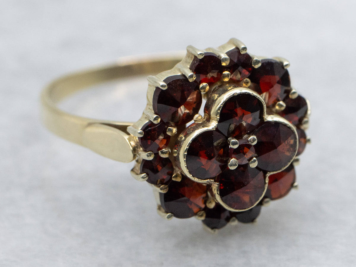 Vintage 14K Yellow Gold Garnet Cluster Cocktail Ring
