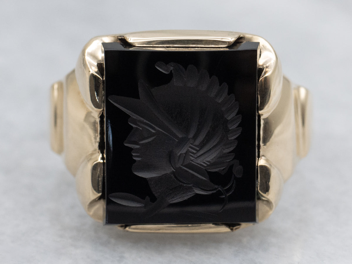 Men's 10K Yellow Gold Black Onyx Intaglio Ring