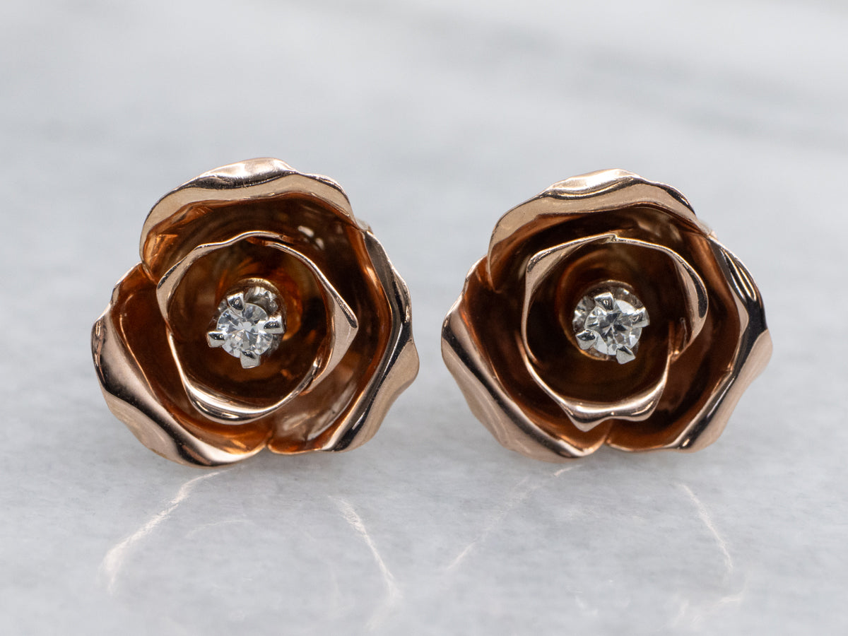 Vintage Two-Tone Gold Diamond Rose Stud Earrings