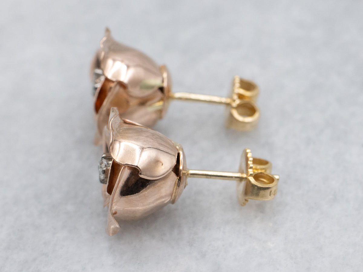 Vintage Two-Tone Gold Diamond Rose Stud Earrings