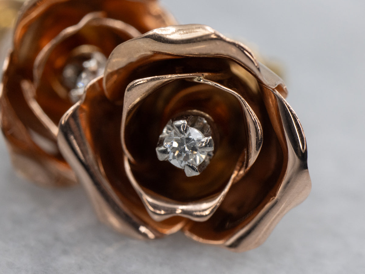 Vintage Two-Tone Gold Diamond Rose Stud Earrings