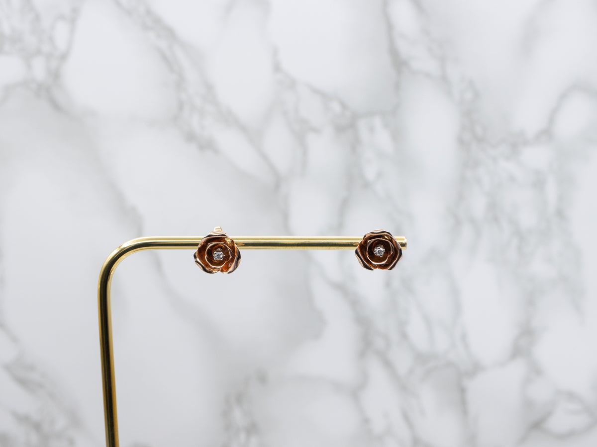 Vintage Two-Tone Gold Diamond Rose Stud Earrings