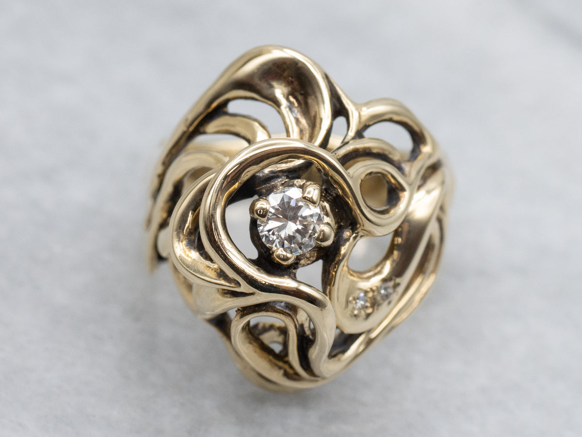 Modernist Abstract Gold and Diamond Statement Ring