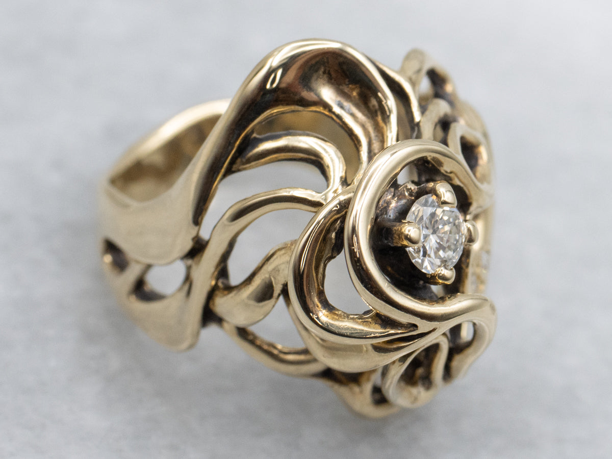 Modernist Abstract Gold and Diamond Statement Ring