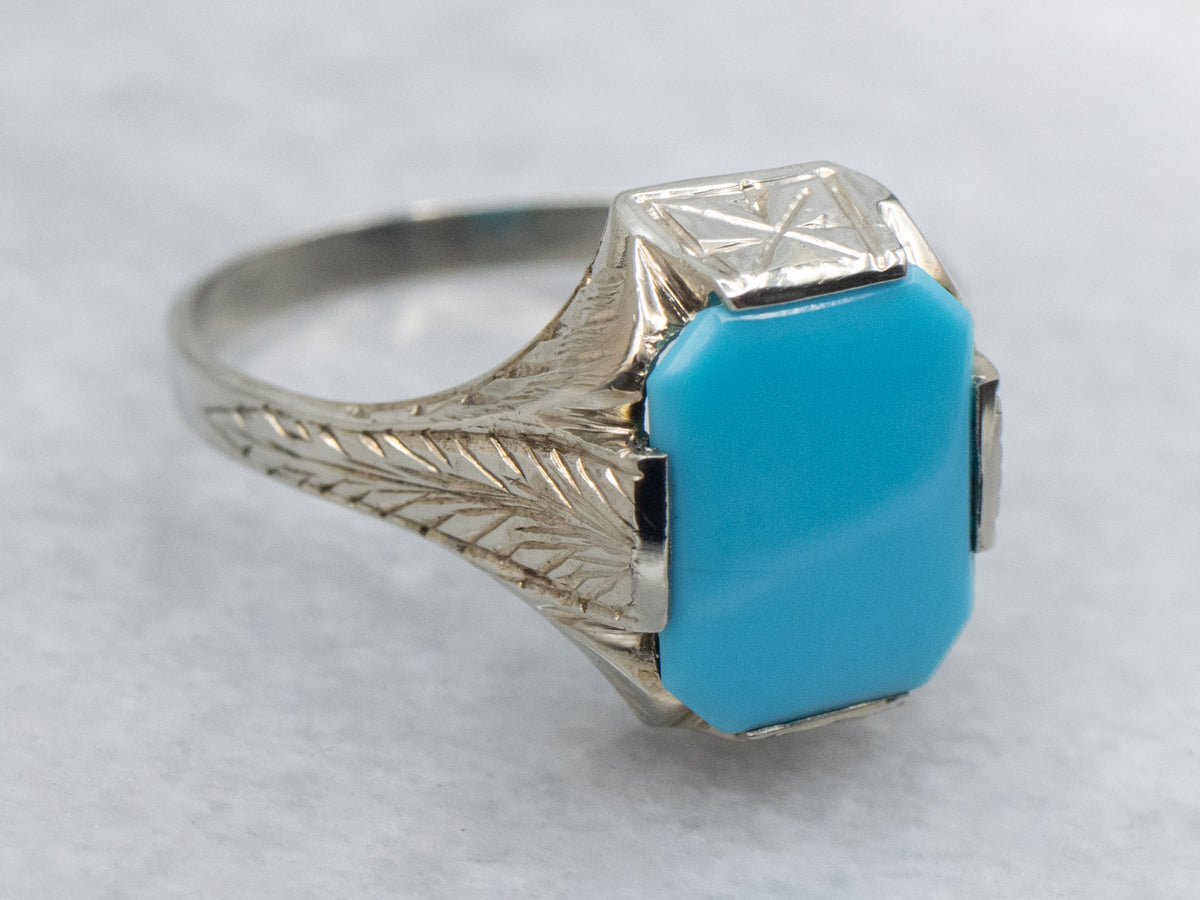 Engraved White Gold Turquoise Art Deco Era Ring