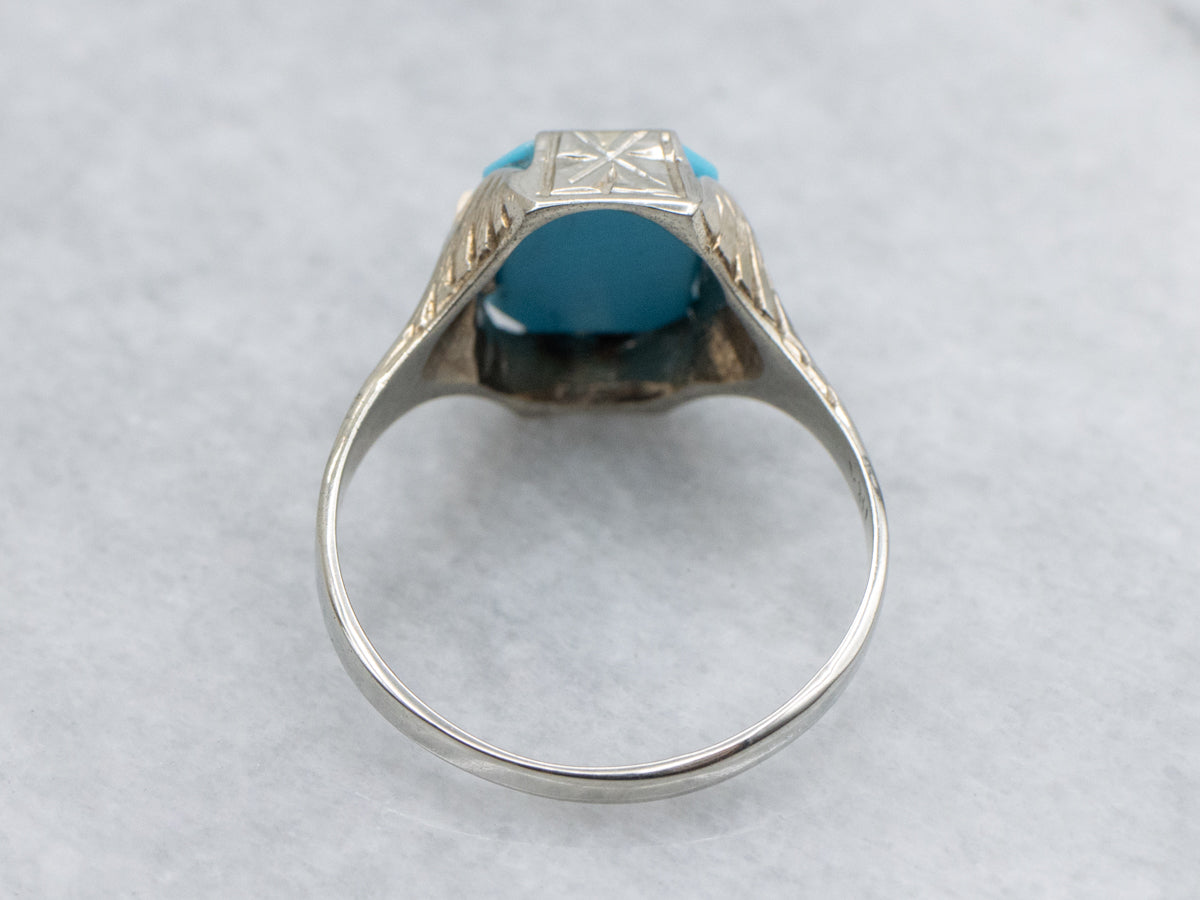 Engraved White Gold Turquoise Art Deco Era Ring