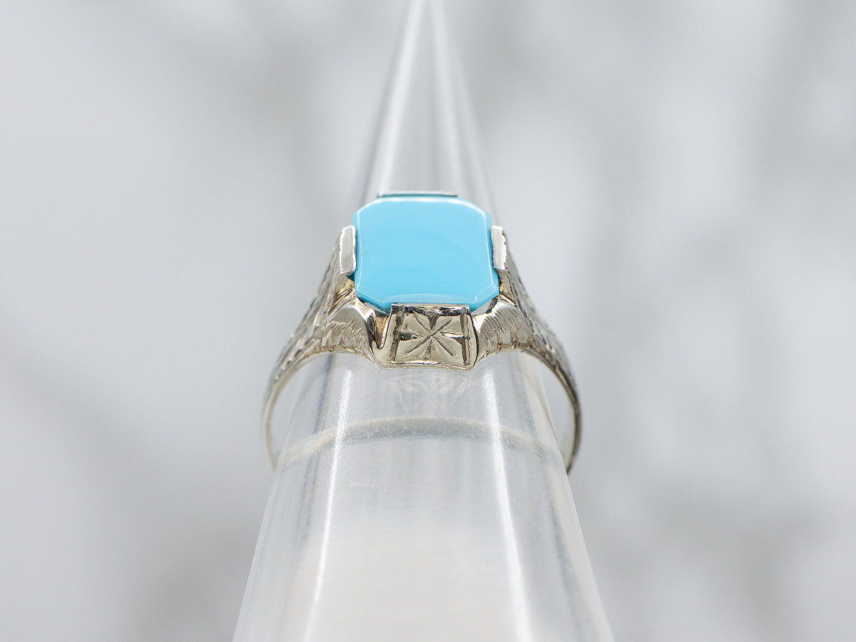 Engraved White Gold Turquoise Art Deco Era Ring