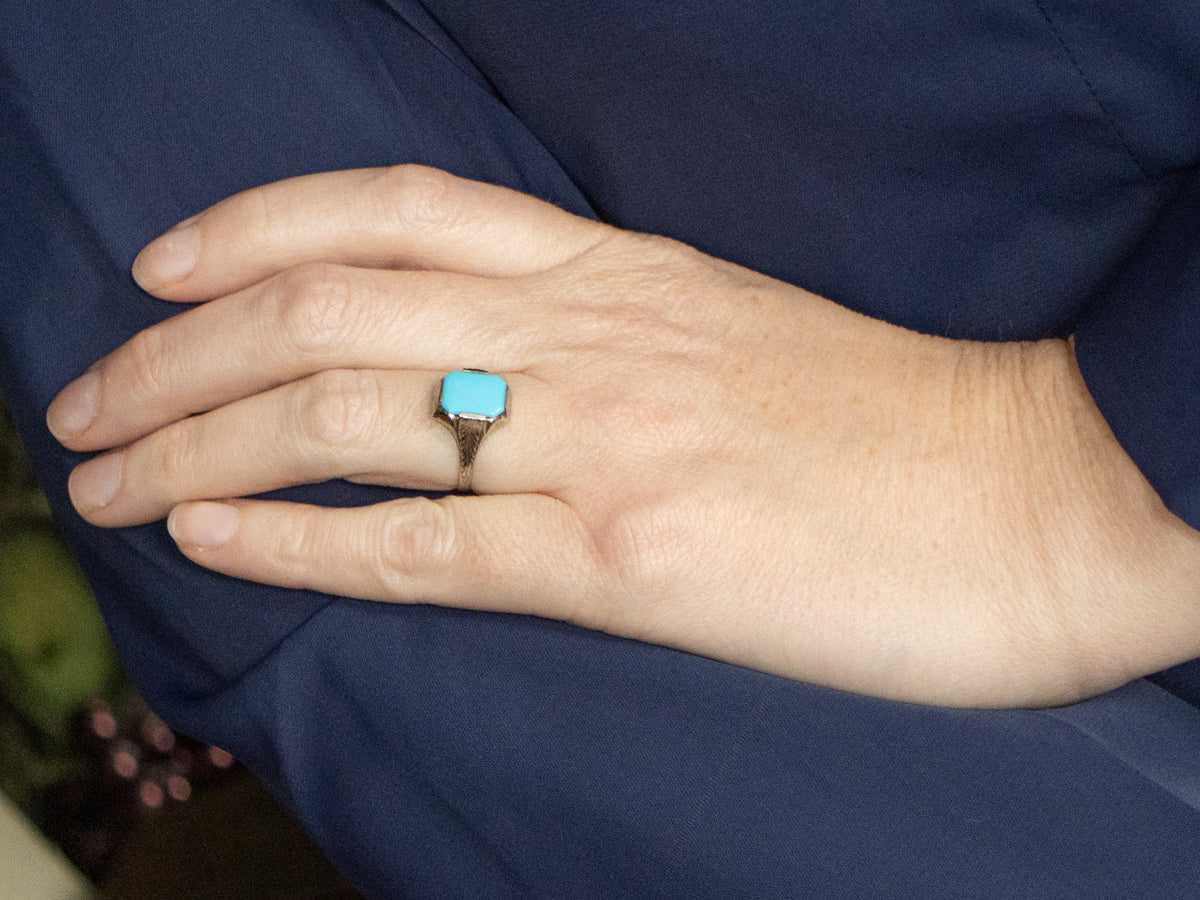 Engraved White Gold Turquoise Art Deco Era Ring