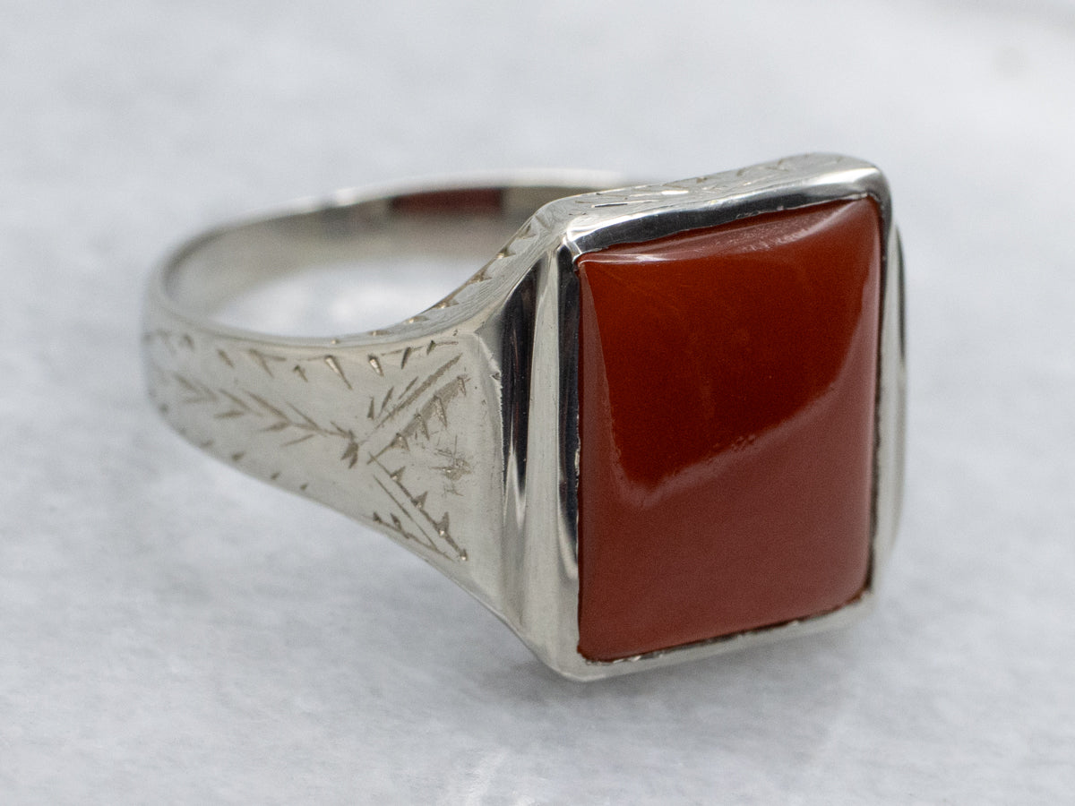 Late Art Deco Men's Carnelian White Gold Solitaire Ring