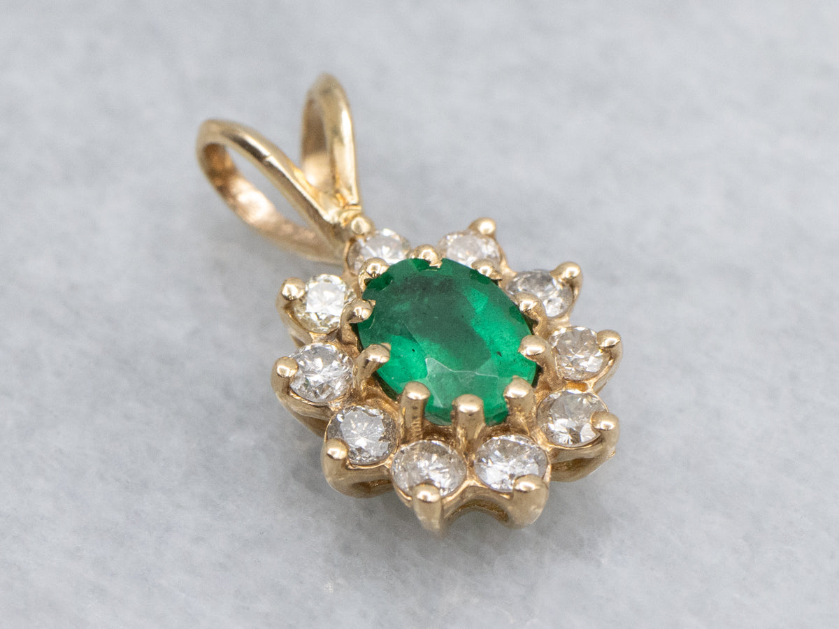 Emerald and Diamond Halo Yellow Gold Pendant