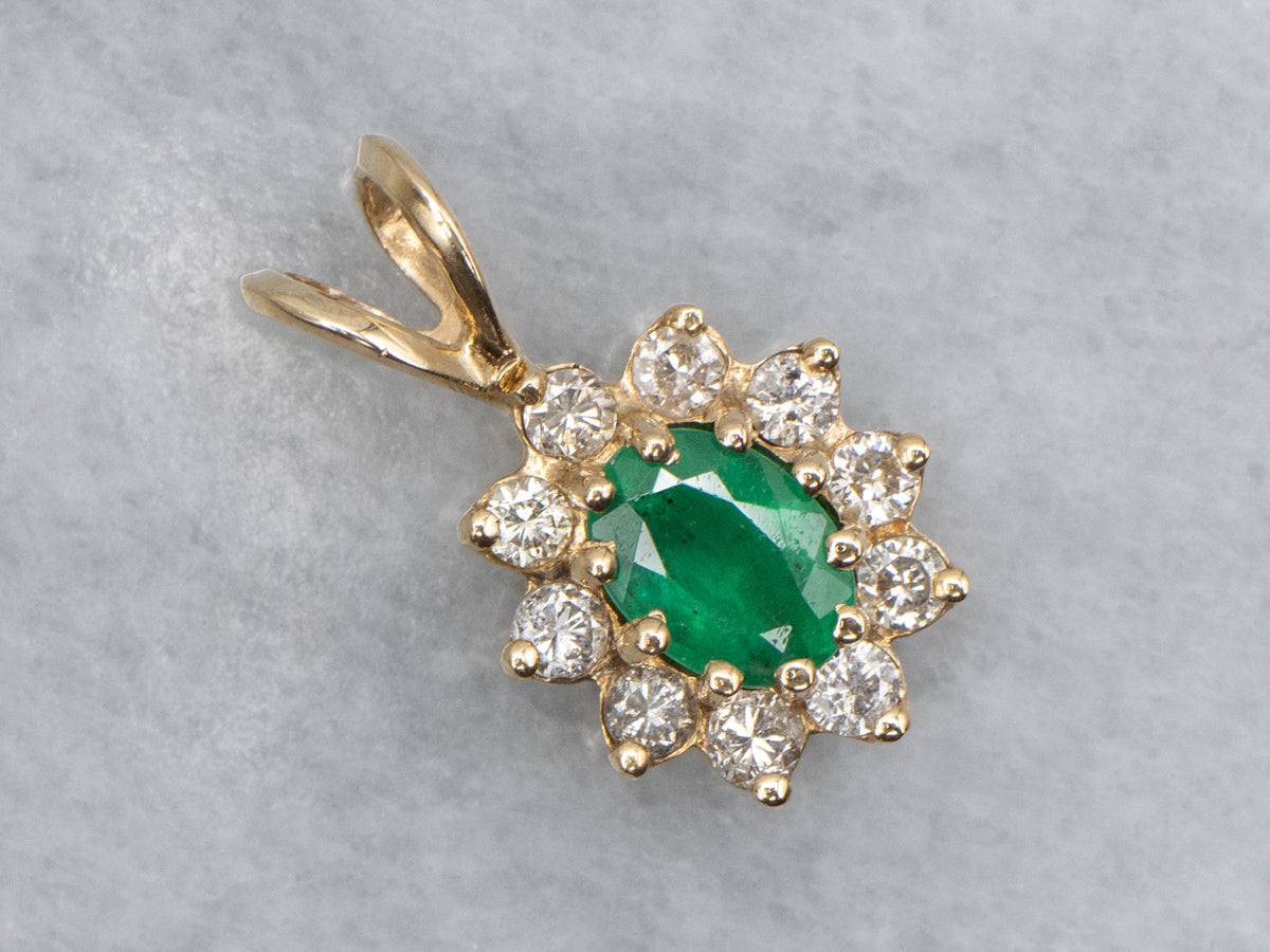 Emerald and Diamond Halo Yellow Gold Pendant