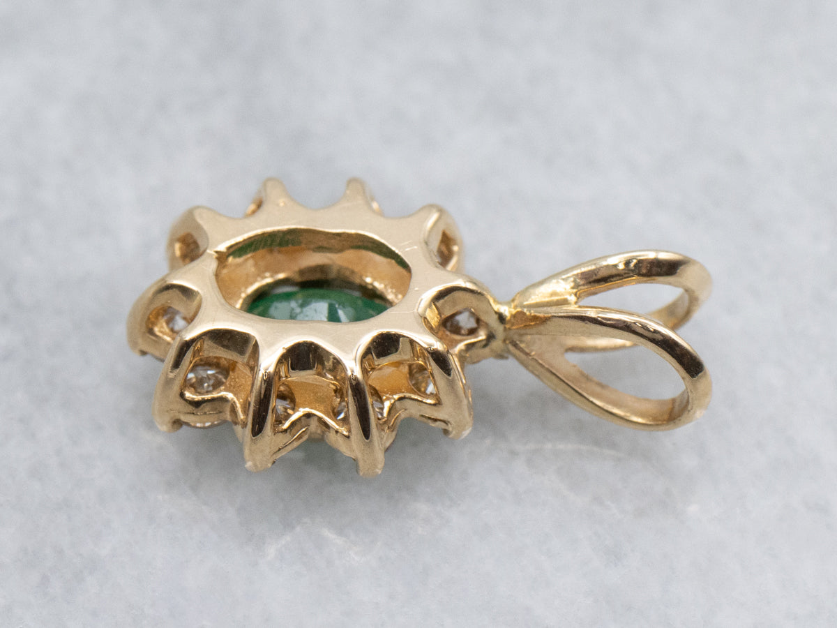 Emerald and Diamond Halo Yellow Gold Pendant