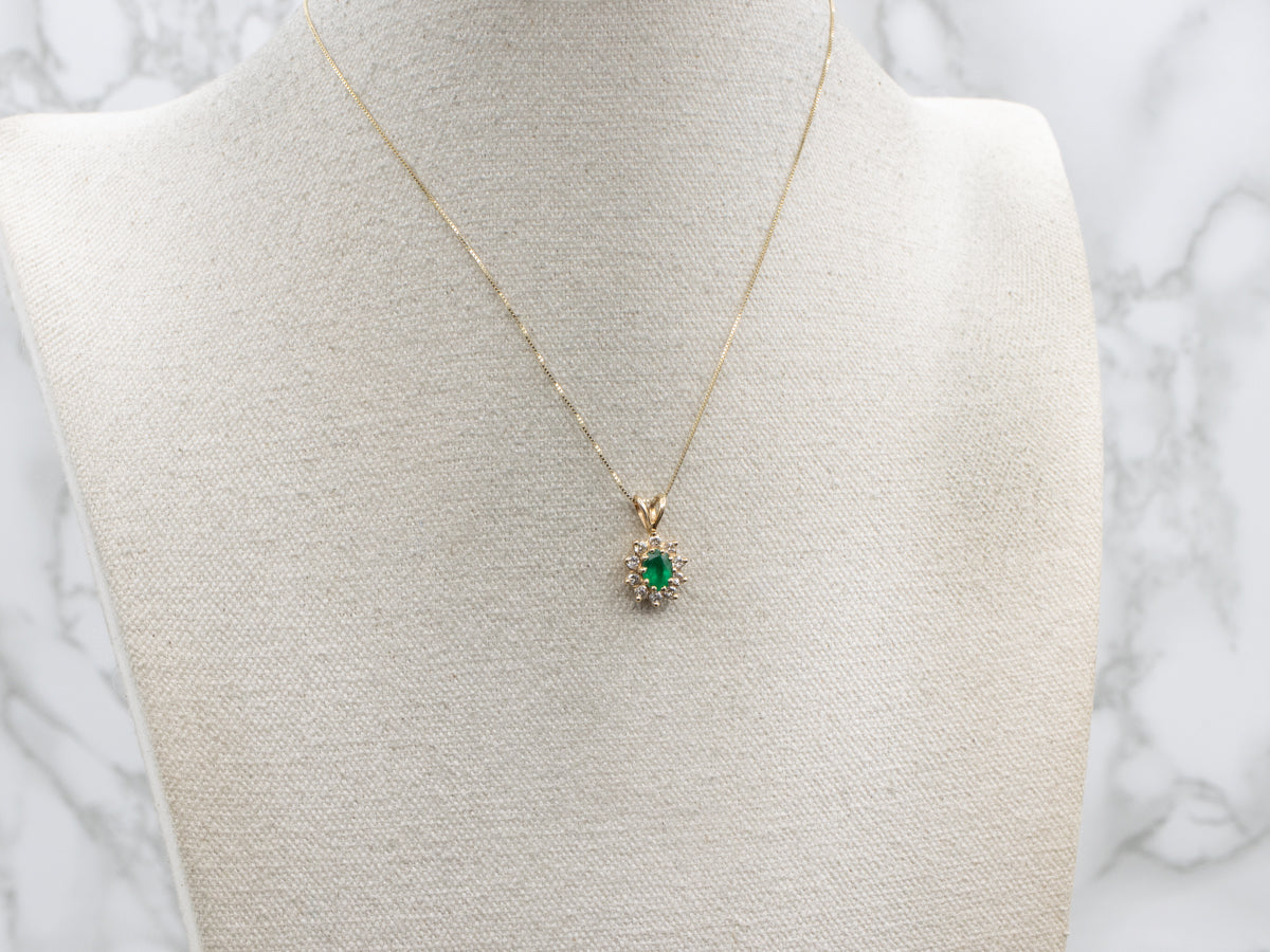 Emerald and Diamond Halo Yellow Gold Pendant