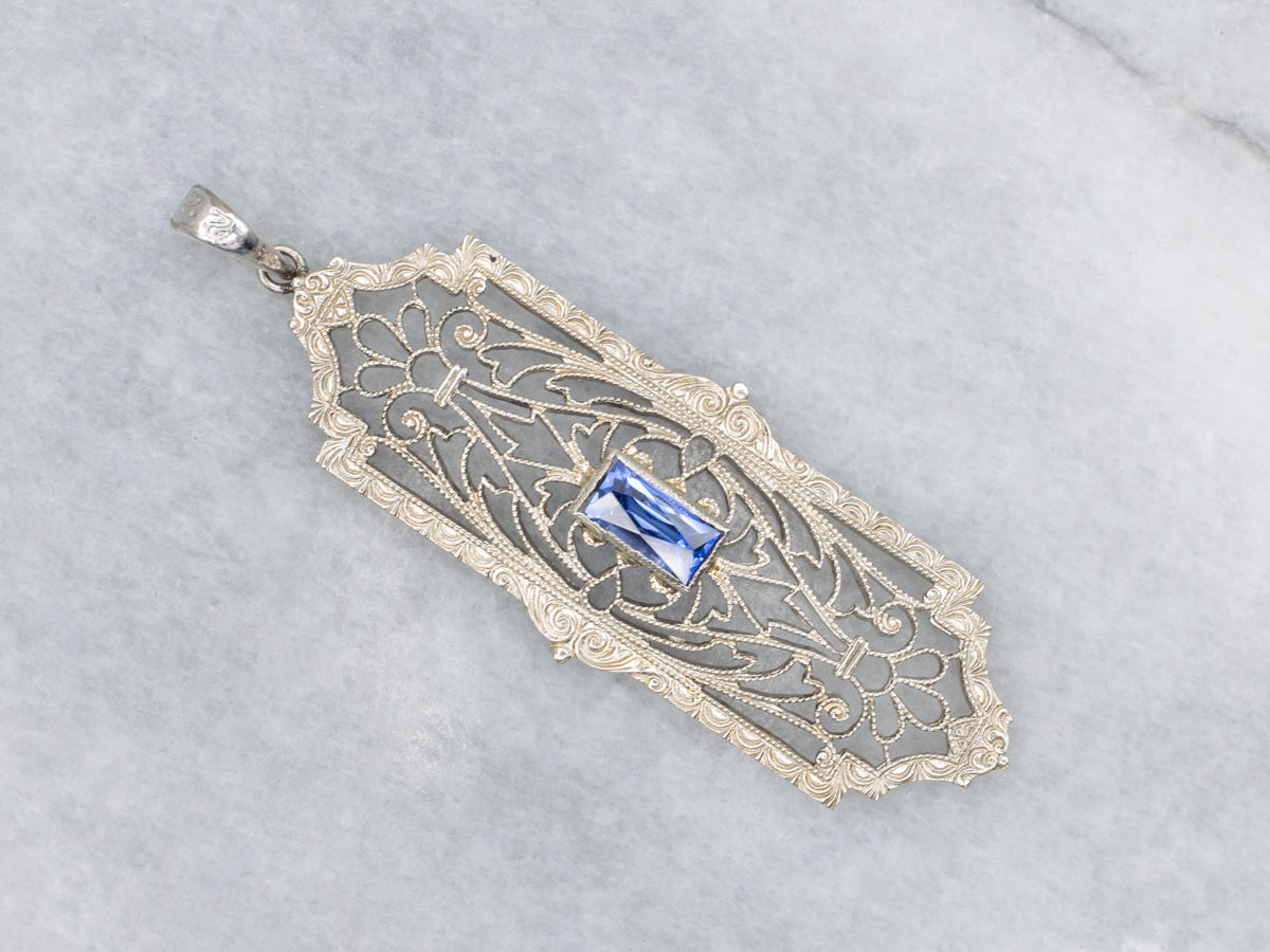 Art Deco Era Synthetic Sapphire White Gold Filigree Pendant