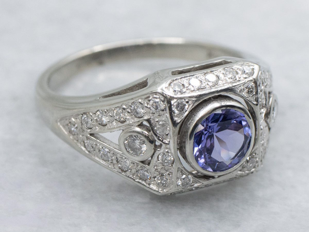 Stunning Diamond Encrusted Tanzanite and White Gold Ring