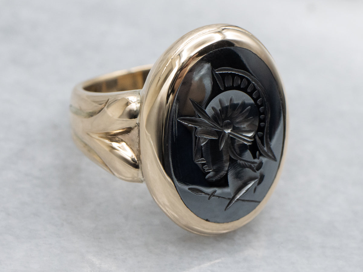Roman Soldier Hematite Intaglio Gold Statement Ring