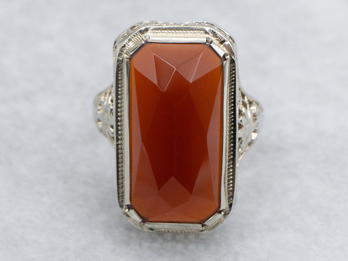 Carnelian Floral Filigree Art Deco White Gold Ring
