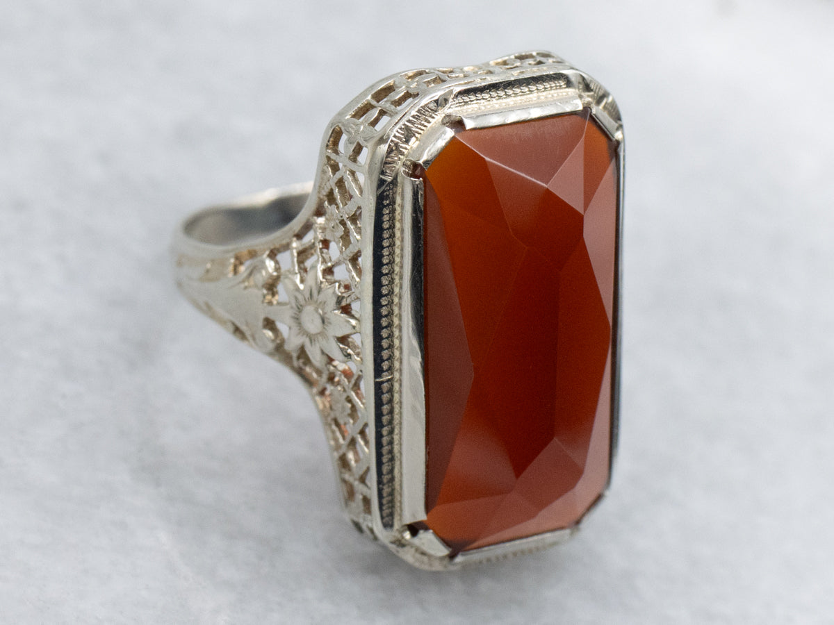 Carnelian Floral Filigree Art Deco White Gold Ring