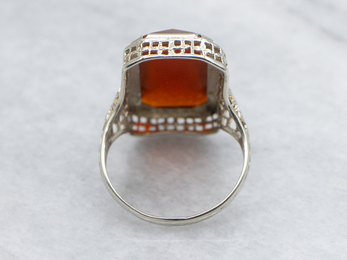 Carnelian Floral Filigree Art Deco White Gold Ring