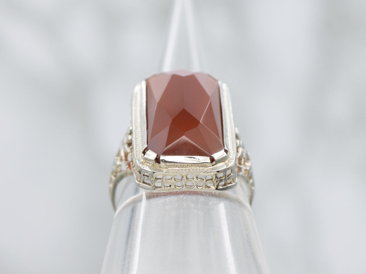 Carnelian Floral Filigree Art Deco White Gold Ring