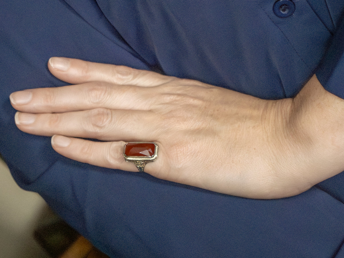 Carnelian Floral Filigree Art Deco White Gold Ring