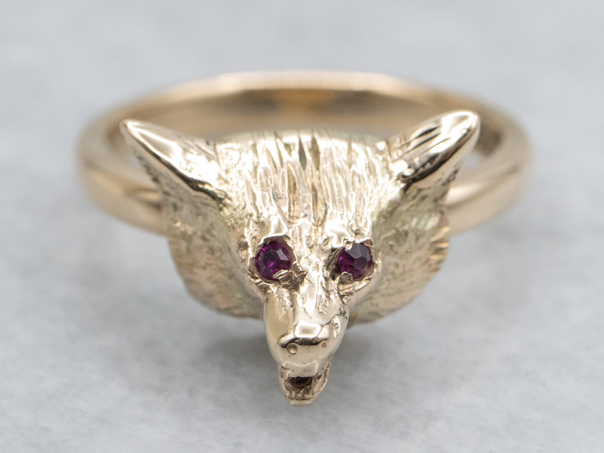 Ruby Eyed Wolf's Head Gold Ring