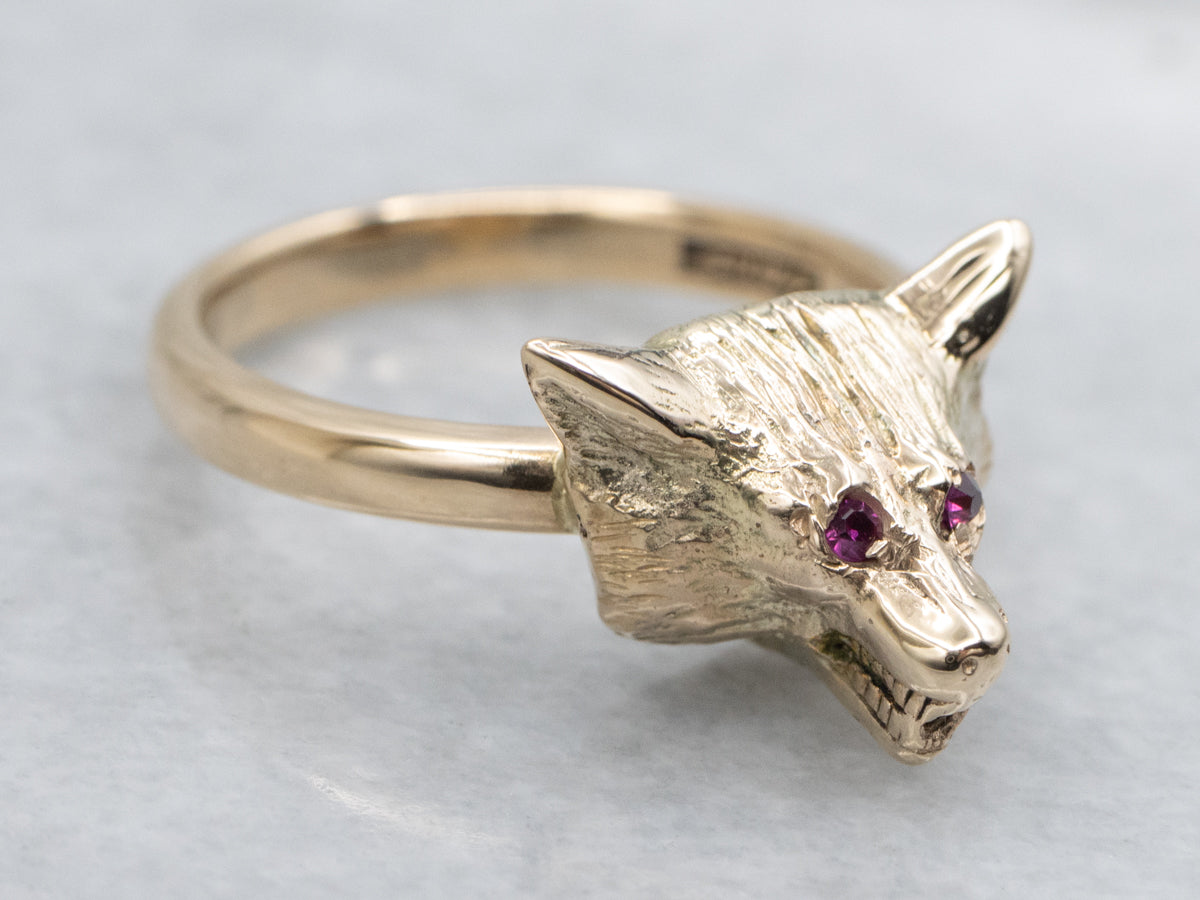 Ruby Eyed Wolf's Head Gold Ring