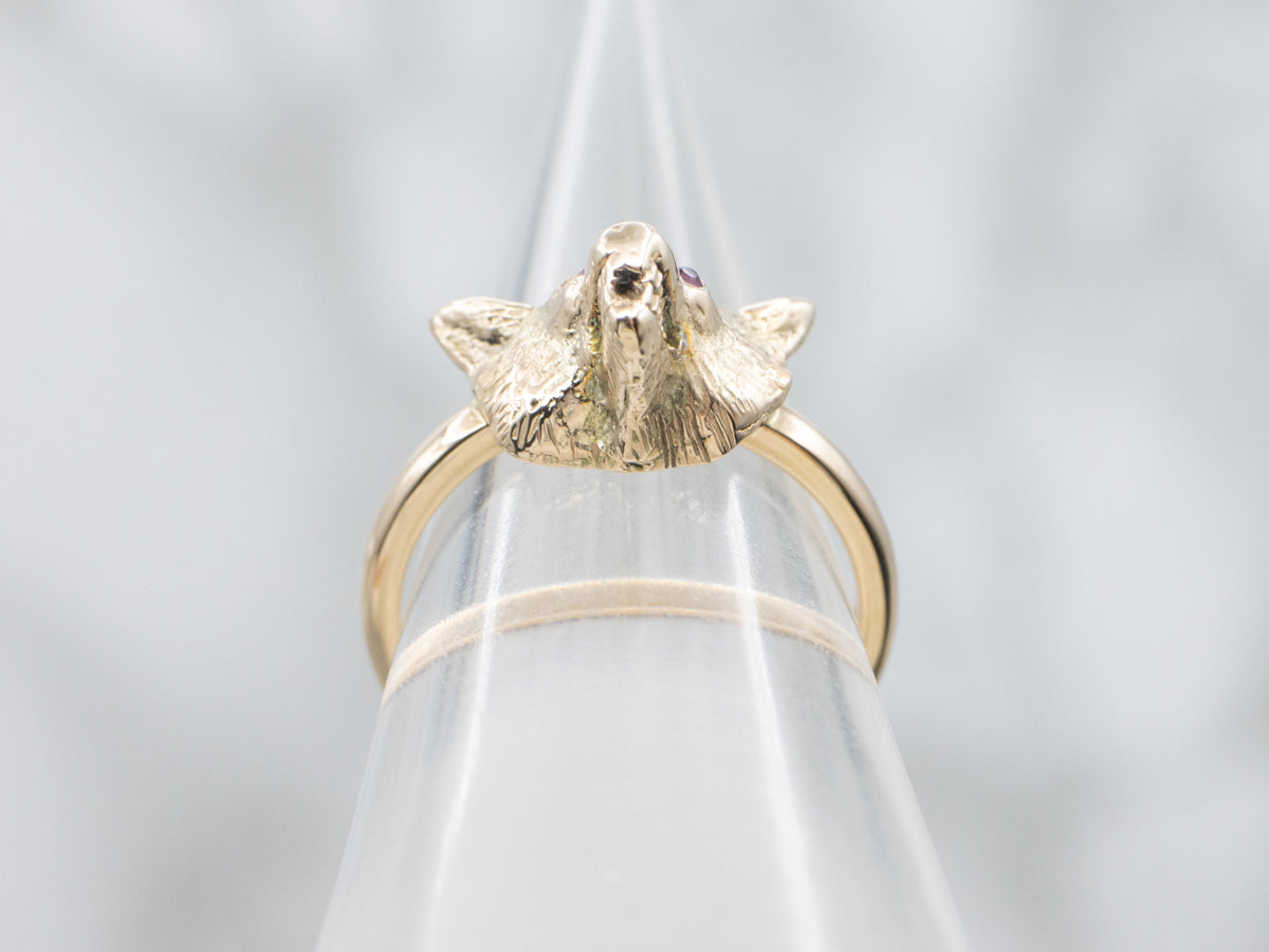 Ruby Eyed Wolf's Head Gold Ring