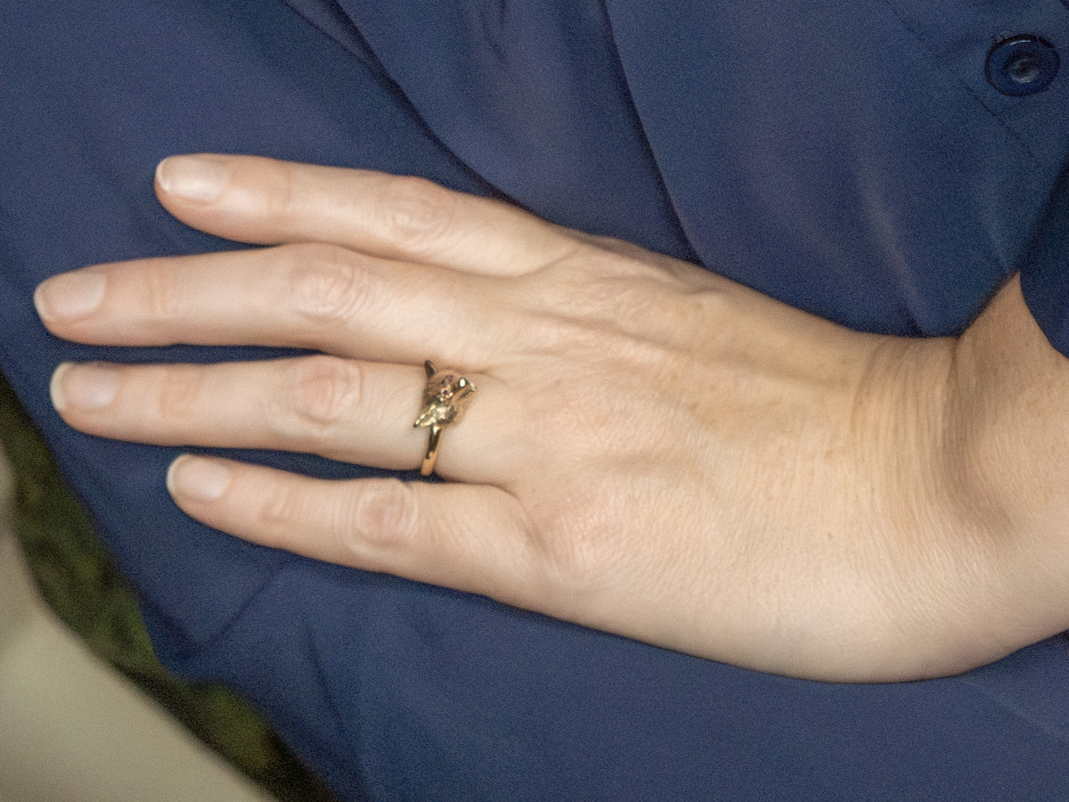 Ruby Eyed Wolf's Head Gold Ring