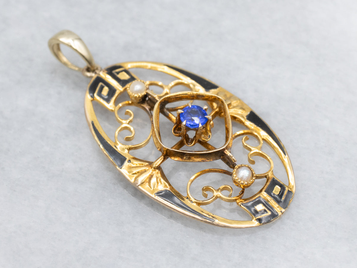 Sapphire Doublet and Seed Pearl and Black Enamel Pin Conversion Pendant