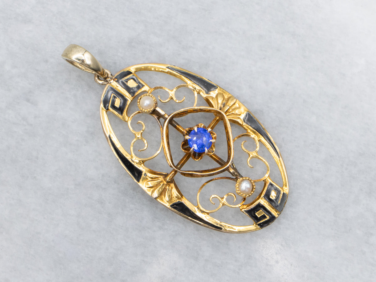 Sapphire Doublet and Seed Pearl and Black Enamel Pin Conversion Pendant