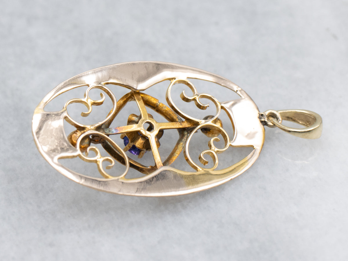 Sapphire Doublet and Seed Pearl and Black Enamel Pin Conversion Pendant