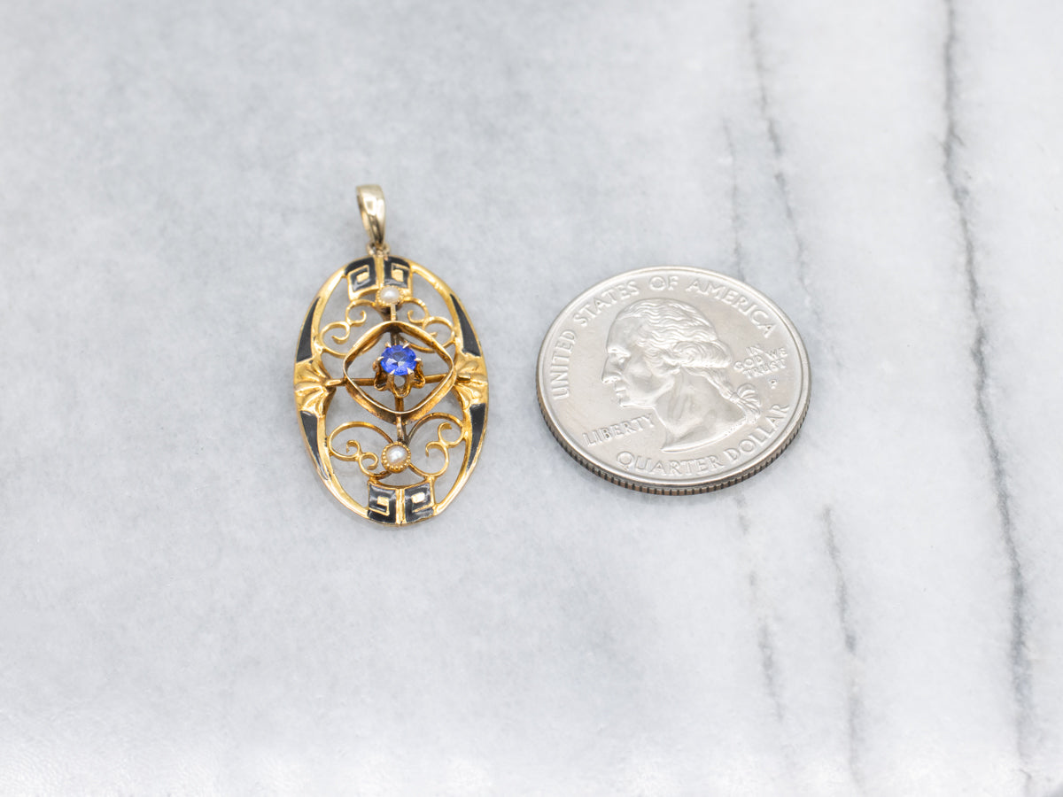 Sapphire Doublet and Seed Pearl and Black Enamel Pin Conversion Pendant