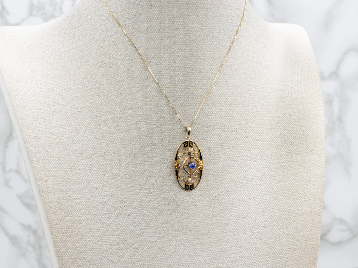 Sapphire Doublet and Seed Pearl and Black Enamel Pin Conversion Pendant