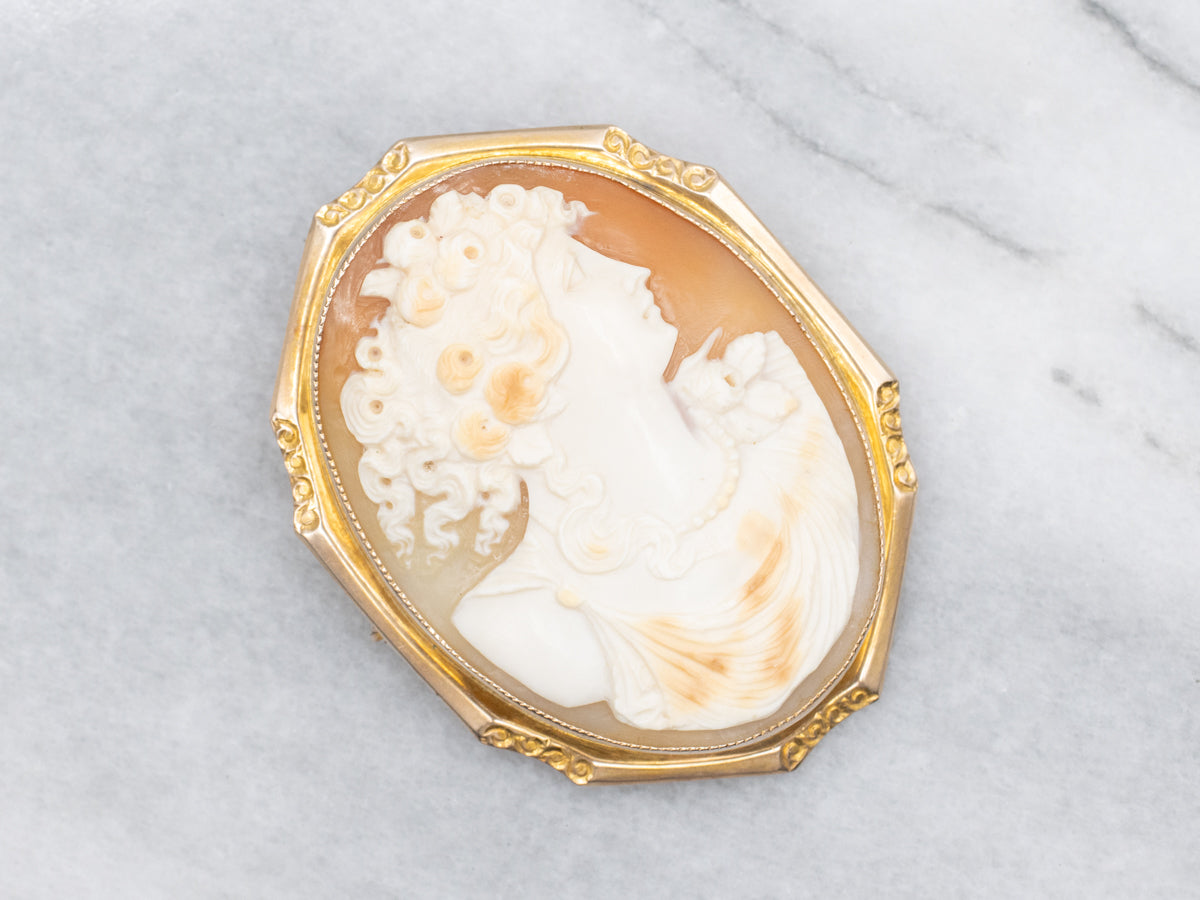 Vintage Yellow Gold Conch Shell Cameo Brooch or Pendant