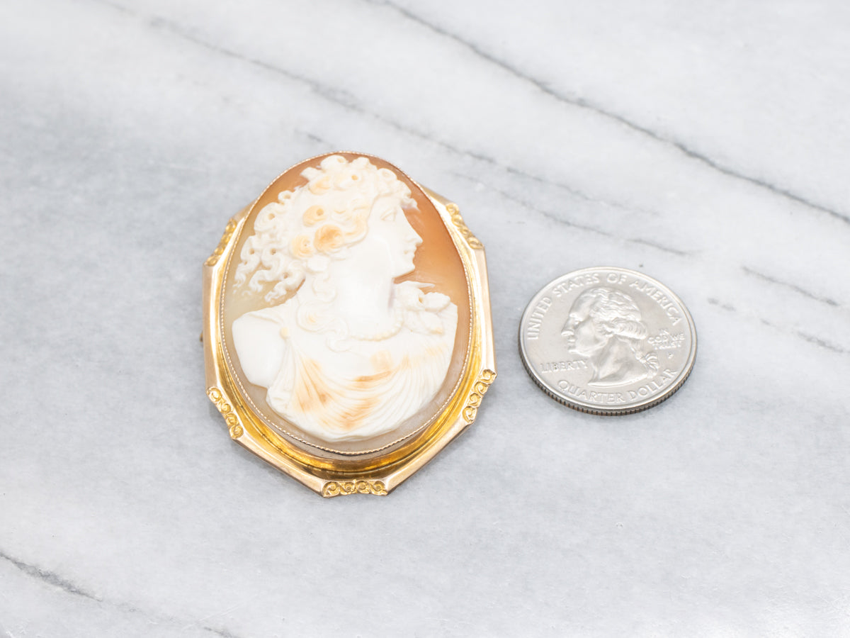Vintage Yellow Gold Conch Shell Cameo Brooch or Pendant