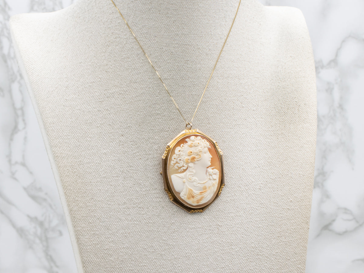 Vintage Yellow Gold Conch Shell Cameo Brooch or Pendant