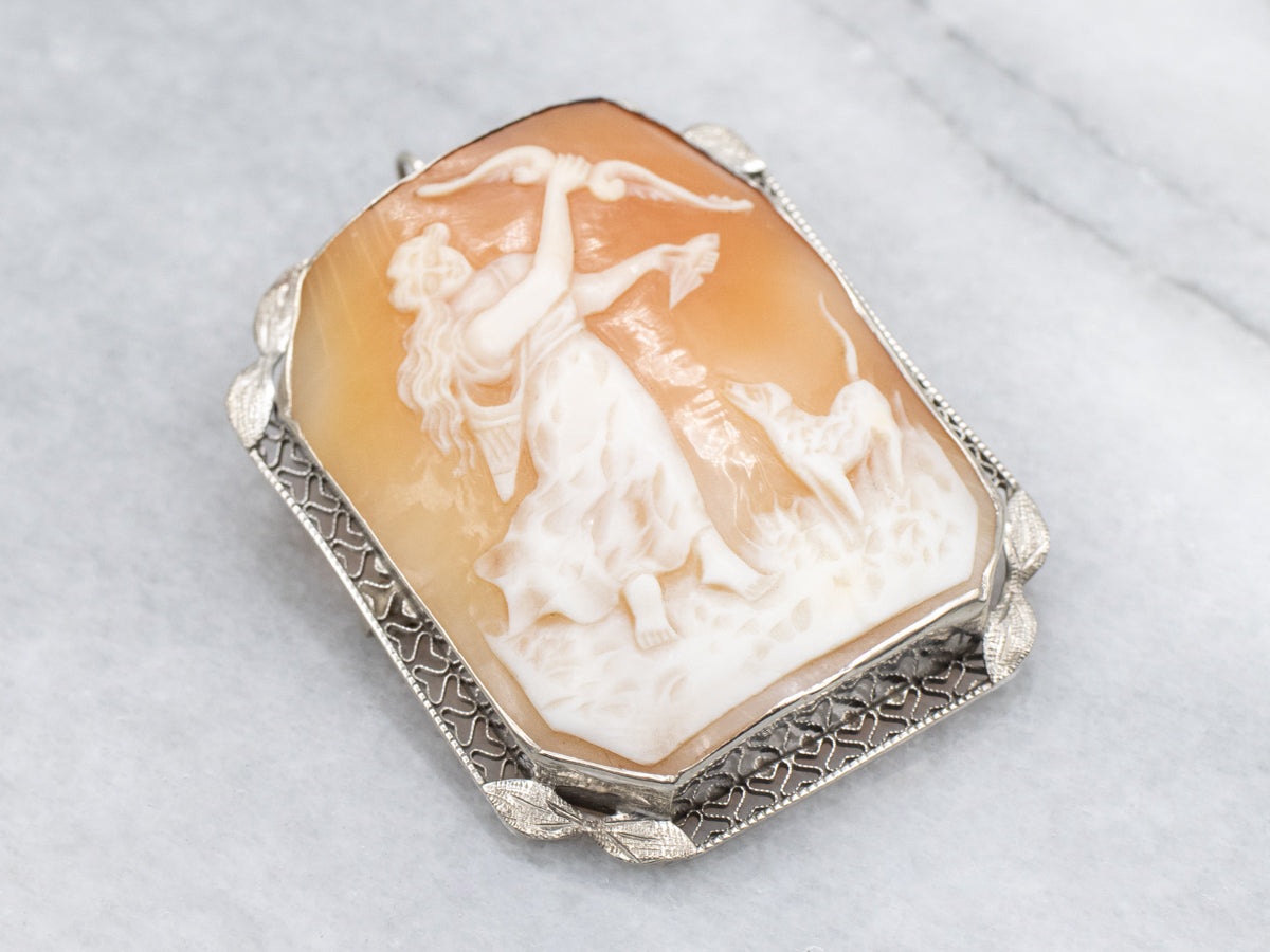 Diana the Huntress Cameo Antique White Gold Pin or Pendant
