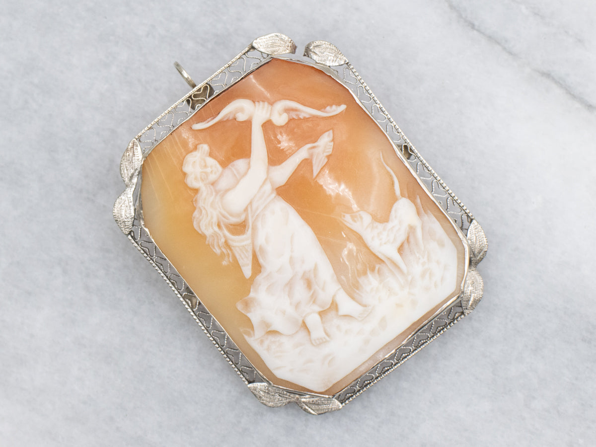 Diana the Huntress Cameo Antique White Gold Pin or Pendant