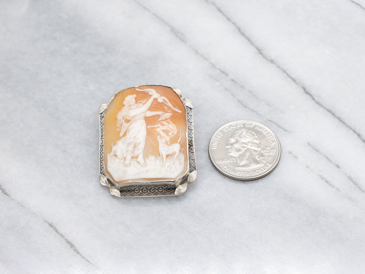 Diana the Huntress Cameo Antique White Gold Pin or Pendant