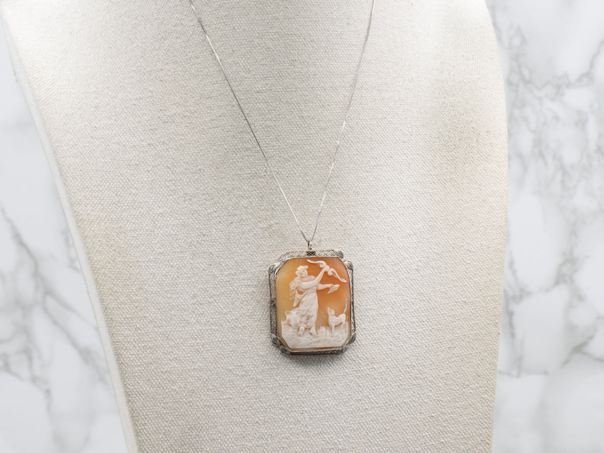 Diana the Huntress Cameo Antique White Gold Pin or Pendant